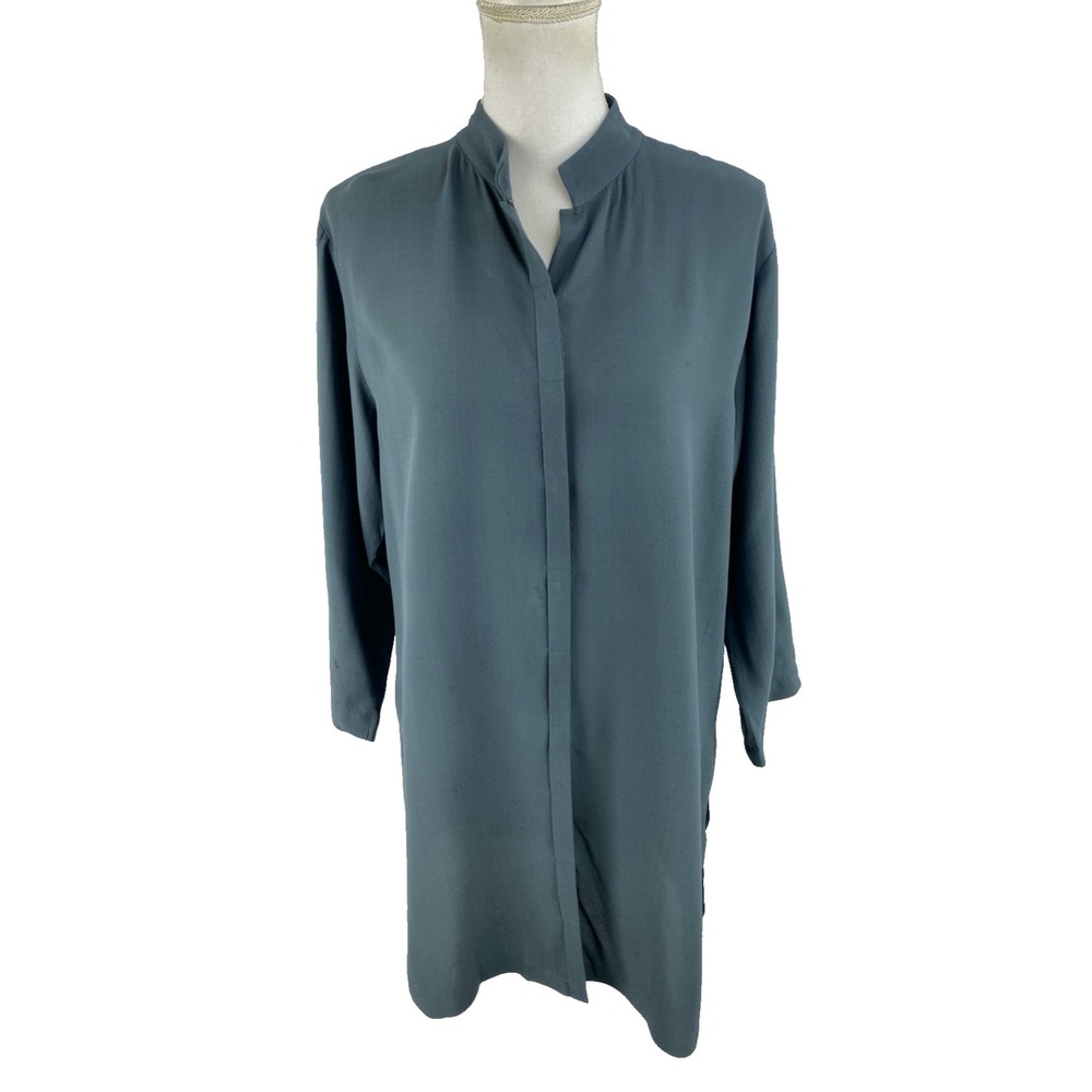 Eileen Fisher Womens S Silk Georgette Crepe Band Collar Tunic Shirt Button Front